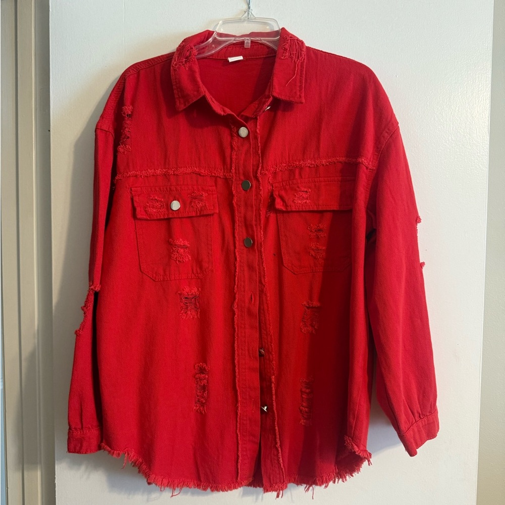 Red Distressed Button-Up Shirt